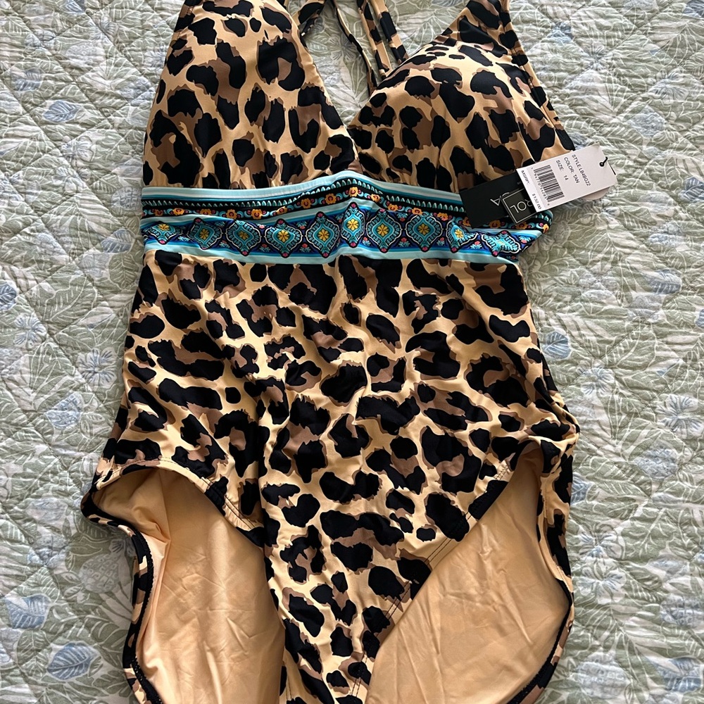 La Blanca Tan and Black One Piece Swimsuit with V-Neck